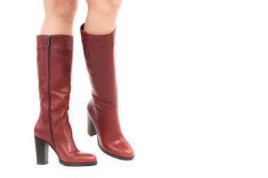 Bayan giysi ayakkabısı. Uzun ince dişinin bacakları yüksek topuklu uzun çizmeler giyer. Fotokopi alanı olan moda modeli. Klasik ve günlük kıyafet konsepti. Ayrıntılı yakın çekim stüdyo çekimi beyaz arkaplanda izole edildi