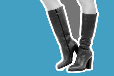 Bayan giysi ayakkabısı. Uzun ince kadın bacakları yüksek topuklu uzun çizme giyer. Fotokopi alanı olan moda modeli. Klasik ve günlük kıyafet konsepti. Ayrıntılı yakın çekim stüdyo çekimi. Dergi tarzı moda kolajı