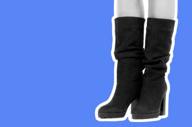 Bayan giysi ayakkabısı. Uzun ince kadın bacakları yüksek topuklu uzun çizme giyer. Fotokopi alanı olan moda modeli. Klasik ve günlük kıyafet konsepti. Ayrıntılı yakın çekim stüdyo çekimi. Dergi tarzı moda kolajı