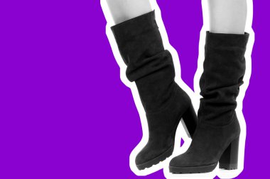 Bayan giysi ayakkabısı. Uzun ince kadın bacakları yüksek topuklu uzun çizme giyer. Fotokopi alanı olan moda modeli. Klasik ve günlük kıyafet konsepti. Ayrıntılı yakın çekim stüdyo çekimi. Dergi tarzı moda kolajı