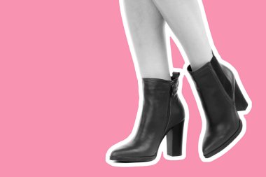 Bayan giysi ayakkabısı. Uzun ince kadın bacakları yüksek topuklu ayakkabı giyer. Fotokopi alanı olan moda modeli. Klasik ve günlük kıyafet konsepti. Ayrıntılı yakın çekim stüdyo çekimi. Dergi tarzı moda kolajı