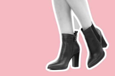 Bayan giysi ayakkabısı. Uzun ince kadın bacakları yüksek topuklu ayakkabı giyer. Fotokopi alanı olan moda modeli. Klasik ve günlük kıyafet konsepti. Ayrıntılı yakın çekim stüdyo çekimi. Dergi tarzı moda kolajı