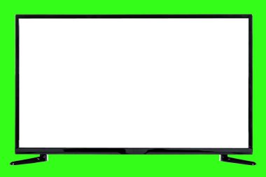 Modern yüksek çözünürlüklü televizyon. Lcd düz ekran, boş kromakey ekran, soyut, bulanık yeşil arkaplan üzerinde izole. Teknoloji ve 4K televizyon reklam konsepti. Ayrıntılı stüdyo kapanışı
