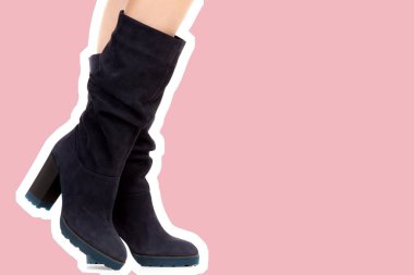 Bayan giysi ayakkabısı. Uzun ince kadın bacakları yüksek topuklu uzun çizme giyer. Fotokopi alanı olan moda modeli. Klasik ve günlük kıyafet konsepti. Ayrıntılı yakın çekim stüdyo çekimi. Dergi tarzı moda kolajı