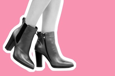 Bayan giysi ayakkabısı. Uzun ince kadın bacakları yüksek topuklu ayakkabı giyiyor. Fotokopi alanı olan moda modeli. Klasik ve günlük kıyafet konsepti. Ayrıntılı yakın çekim stüdyo çekimi. Dergi tarzı moda kolajı