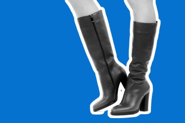 Bayan giysi ayakkabısı. Uzun ince kadın bacakları yüksek topuklu uzun çizmeler giyer. Fotokopi alanı olan moda modeli. Klasik ve günlük kıyafet konsepti. Detaylı yakın çekim stüdyo çekimi Magazin tarzı moda kolajı