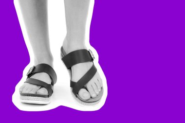 Bayan giysi ayakkabısı. Deri sandalet giyen uzun ince kadın bacakları. Fotokopi alanı olan moda modeli. Klasik ve günlük kıyafet konsepti. Ayrıntılı yakın çekim stüdyo çekimi. Dergi tarzı moda kolajı