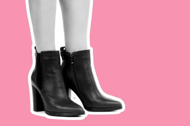 Bayan giysi ayakkabısı. Uzun ince kadın bacakları yüksek topuklu ayakkabı giyer. Fotokopi alanı olan moda modeli. Klasik ve günlük kıyafet konsepti. Ayrıntılı yakın çekim stüdyo çekimi. Dergi tarzı moda kolajı