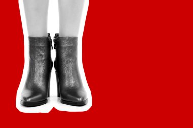 Bayan giysi ayakkabısı. Yüksek topuklu ayakkabı giyen uzun ince kadın bacakları. Fotokopi alanı olan moda modeli. Klasik ve günlük kıyafet konsepti. Ayrıntılı yakın çekim stüdyo çekimi. Dergi tarzı moda kolajı