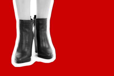 Bayan giysi ayakkabısı. Yüksek topuklu ayakkabı giyen uzun ince kadın bacakları. Fotokopi alanı olan moda modeli. Klasik ve günlük kıyafet konsepti. Ayrıntılı yakın çekim stüdyo çekimi. Dergi tarzı moda kolajı