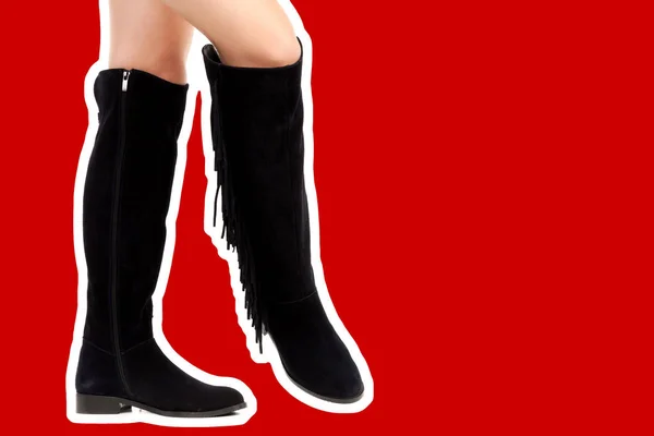 Damenschuhe Lange Schlanke Weibliche Beine Tragen Hohe Lederstiefel Mode Attrappe — Stockfoto