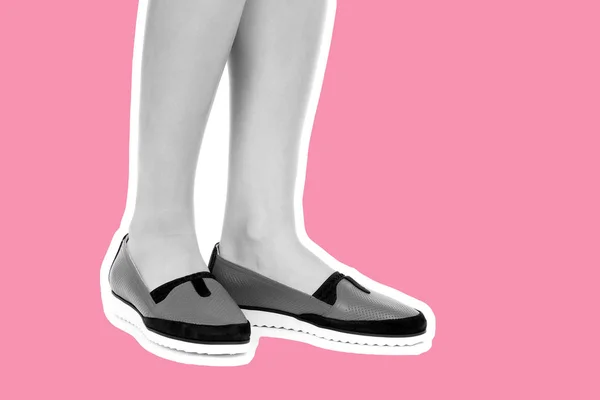 Ladies Outfit Footwear Long Slim Female Legs Wearing Low Leather — Stock Photo, Image