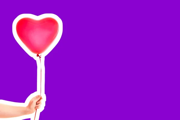 Female Hand Holds Red Rubber Inflatable Heart Shape Balloon Love — 스톡 사진