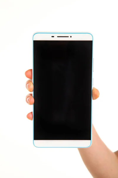 Menneskehånd Holder Moderne Smartphone Med Blank Kromakey Skærm Håndflade Teknologi - Stock-foto