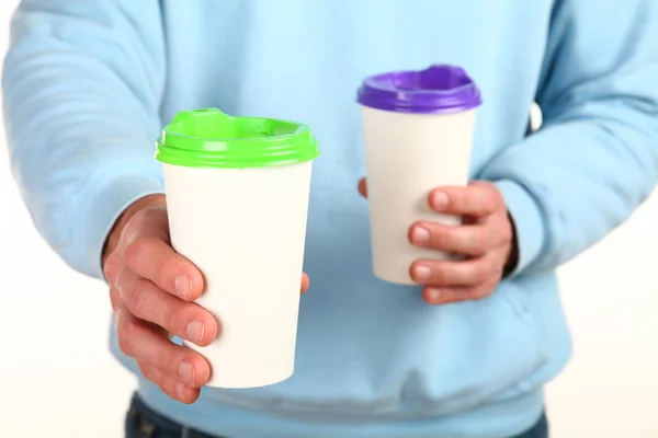 Human Hand Holds Blank Paper Coffee Cup Plastic Cap Concept — Stock Photo, Image