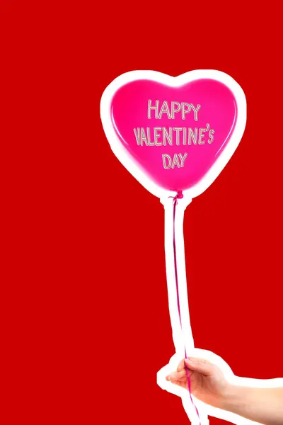 Female Hand Holds Red Rubber Inflatable Heart Shape Balloon Love — 스톡 사진