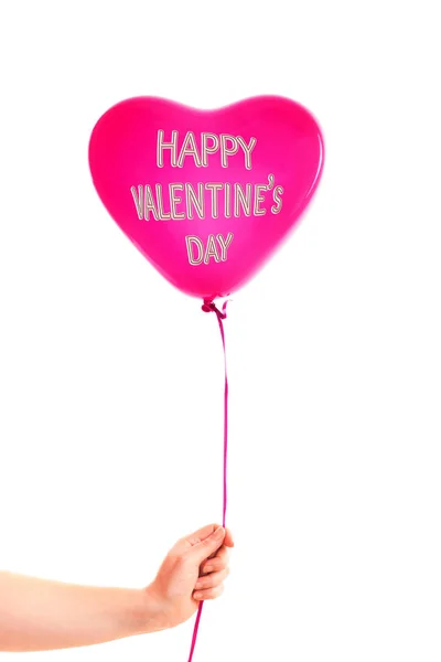 Female Hand Holds Red Rubber Inflatable Heart Shape Balloon Love — Stock Photo, Image