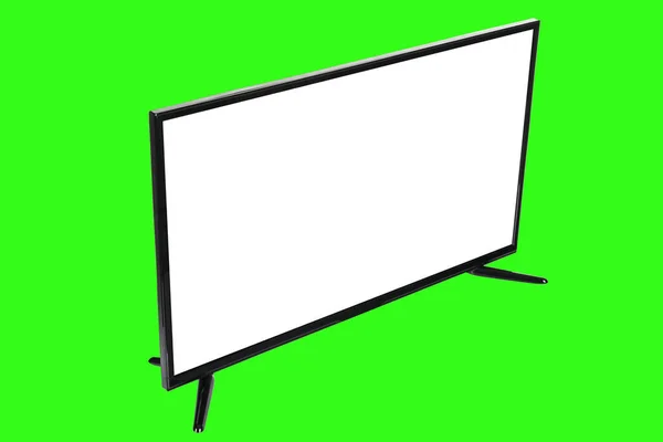 Modern high definition TV. LCD flat monitor with blank white screen, isolated on abstract blurred green chromakey background. Technology and 4k television advertising concept. Detailed studio closeup