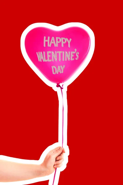 Female Hand Holds Red Rubber Inflatable Heart Shape Balloon Love — 스톡 사진