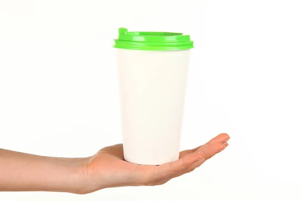 Lidská Ruka Drží Prázdný Papírový Šálek Kávy Plastovým Víčkem Koncept — Stock fotografie