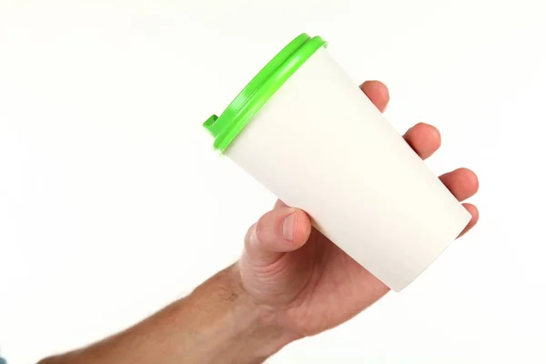 Human Hand Holds Blank Paper Coffee Cup Plastic Cap Concept — Stock Photo, Image