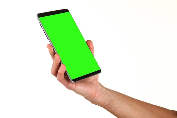 Human Hand Holds Modern Smartphone Blank Chromakey Screen Palm Technology — Stock Photo, Image