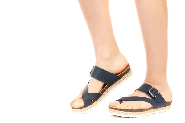 Ladies Outfit Footwear Long Slim Female Legs Wearing Leather Sandals — Stock Photo, Image