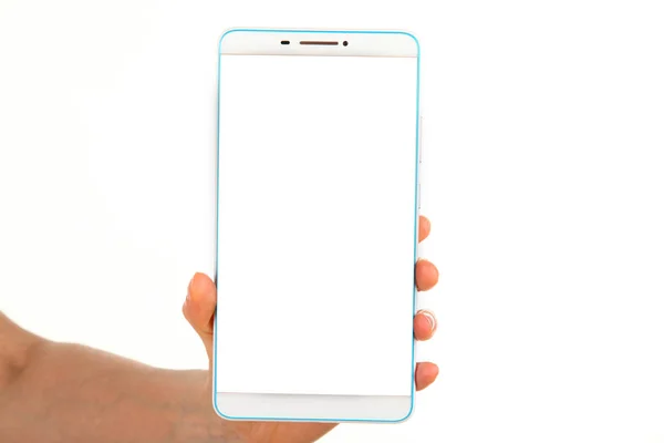 Main Humaine Tient Smartphone Moderne Avec Écran Chromatique Vierge Dans — Photo