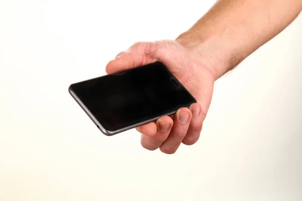 Рука Людини Тримає Сучасний Смартфон Порожнім Хроматичним Екраном Долоні Технологія — стокове фото