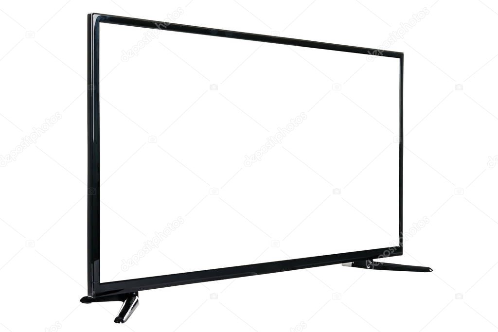 Modern high definition TV. LCD flat monitor with blank chromakey screen, isolated on abstract blurred white background. Technology and 4k television advertising concept. Detailed studio closeup