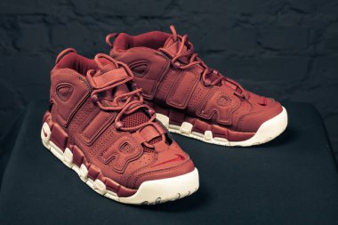 Yeni güzel renkli ve güzel Nike Air Max koşu ayakkabıları, spor ayakkabıları, spor ayakkabıları soyut arka planda bir marka kutusu olan logoyu gösteriyor. Spor ve günlük ayakkabı konsepti. Kyiv, Ukrayna-8 Şubat 2018