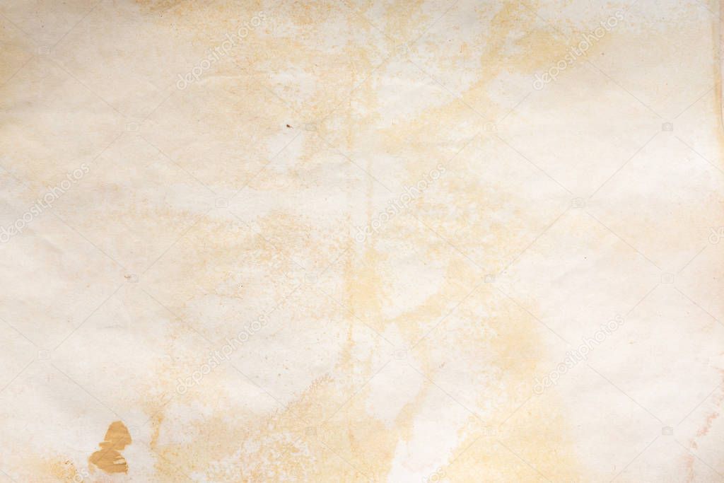 Aged paper sheet. Blank old background with dust and dirty stains. Vintage and antique art concept. Poster mockup. Detailed closeup studio shot. Front view. Toned