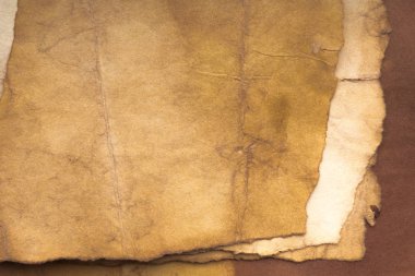 Aged paper sheet. Blank old background with dust and dirty stains. Vintage and antique art concept. Poster mockup. Detailed closeup studio shot. Front view. Toned