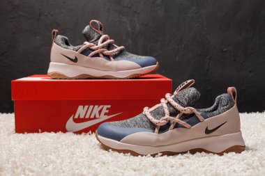 Yeni renkli ve güzel Nike Air Max koşu ayakkabıları, spor ayakkabıları, spor ayakkabıları soyut arka planda bir marka kutusu olan logoyu gösteren ayakkabılar. Spor ve günlük ayakkabı konsepti. Kyiv, Ukrayna-11 Nisan 2018