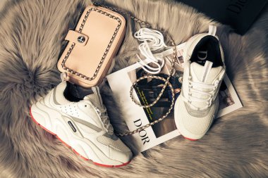 Yeni güzel renkli ve güzel Dior Air Max koşu ayakkabıları, spor ayakkabıları, spor ayakkabıları soyut arka planda bir marka kutusu olan logo gösteriyor. Spor ve günlük ayakkabı konsepti. Kyiv, Ukrayna - 13 Eylül 2018