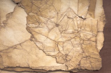 Aged paper sheet. Blank old background with dust and dirty stains. Vintage and antique art concept. Poster mockup. Detailed closeup studio shot. Front view. Toned