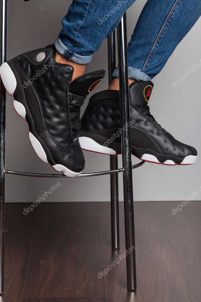 New beautiful colorful and nice Jordan Air Max running shoes, sneakers, trainers shows logo with a brand box on abstract background. Sport and casual footwear concept. Kyiv, Ukraine-September 06, 2018