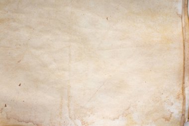 Aged paper sheet. Blank old background with dust and dirty stains. Vintage and antique art concept. Poster mockup. Detailed closeup studio shot. Front view. Toned