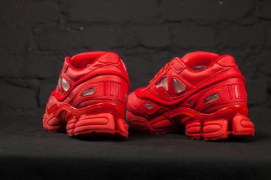 Yeni renkli ve güzel Adidas Iniki koşu ayakkabıları, spor ayakkabıları, spor ayakkabıları, spor ayakkabıları soyut arka planda bir marka kutusu olan logoyu gösteriyor. Spor ve günlük ayakkabı konsepti. Kyiv, Ukrayna-8 Şubat 2018