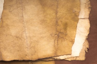 Aged paper sheet. Blank old background with dust and dirty stains. Vintage and antique art concept. Poster mockup. Detailed closeup studio shot. Front view. Toned