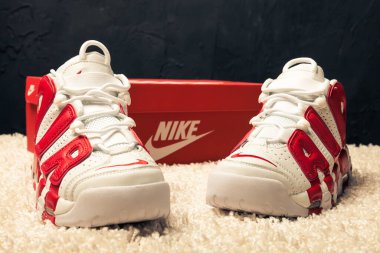 Yeni renkli ve güzel Nike Air Max koşu ayakkabıları, spor ayakkabıları, spor ayakkabıları soyut arka planda bir marka kutusu olan logoyu gösteren ayakkabılar. Spor ve günlük ayakkabı konsepti. Kyiv, Ukrayna-22 Nisan 2018