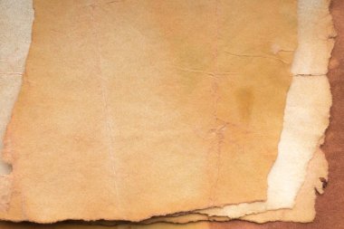 Aged paper sheet. Blank old background with dust and dirty stains. Vintage and antique art concept. Poster mockup. Detailed closeup studio shot. Front view. Toned