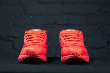 Yeni renkli ve güzel Adidas Iniki koşu ayakkabıları, spor ayakkabıları, spor ayakkabıları, spor ayakkabıları soyut arka planda bir marka kutusu olan logoyu gösteriyor. Spor ve günlük ayakkabı konsepti. Kyiv, Ukrayna-8 Şubat 2018