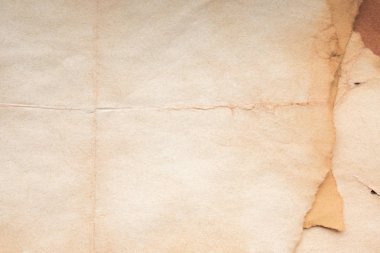 Aged paper sheet. Blank old background with dust and dirty stains. Vintage and antique art concept. Poster mockup. Detailed closeup studio shot. Front view. Toned