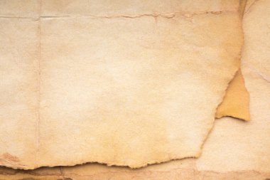 Aged paper sheet. Blank old background with dust and dirty stains. Vintage and antique art concept. Poster mockup. Detailed closeup studio shot. Front view. Toned