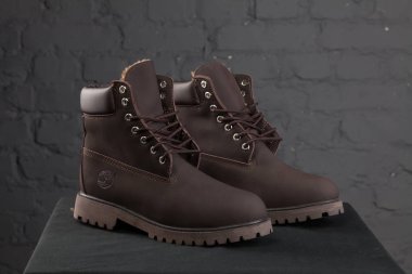 Yeni güzel renkli ve güzel Timberland izleme ayakkabıları, spor ayakkabıları, spor ayakkabıları soyut arka planda bir marka kutusu olan logoyu gösteriyor. Spor ve günlük ayakkabı konsepti. Kyiv, Ukrayna - 26 Ekim 2017