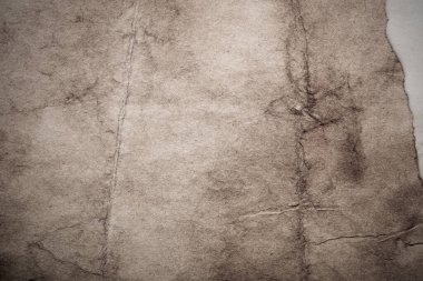 Eski kağıt çarşaf. Toz ve kirli lekelerle dolu boş bir arka plan. Eski ve antika sanat konsepti. Ayrıntılı yakın çekim stüdyo çekimi. Ön manzara. Ayarlanmış