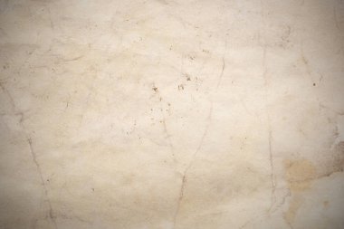 Aged paper sheet. Blank old background with dust and dirty stains. Vintage and antique art concept. Poster mockup. Detailed closeup studio shot. Front view. Toned