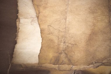 Aged paper sheet. Blank old background with dust and dirty stains. Vintage and antique art concept. Poster mockup. Detailed closeup studio shot. Front view. Toned