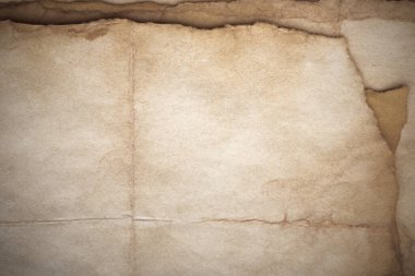 Aged paper sheet. Blank old background with dust and dirty stains. Vintage and antique art concept. Poster mockup. Detailed closeup studio shot. Front view. Toned